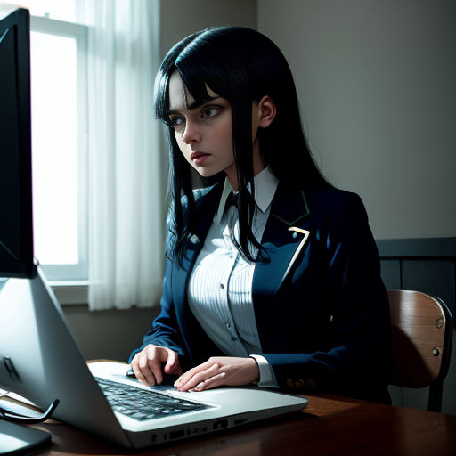 a woman sitting at a desk with a laptop computer in front of her, with a window behind her