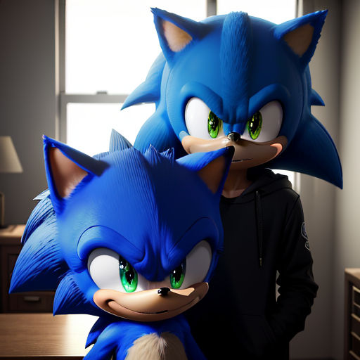a man standing next to a sonic the hedge mascot in a room with a window and a lamp on