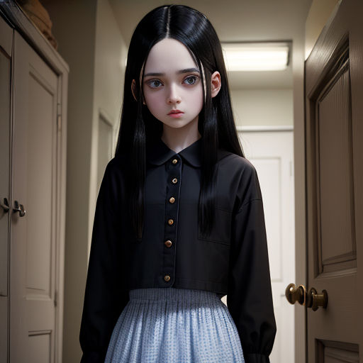 a doll is standing in a hallway with a black shirt and blue skirt on it's chest and a black shirt on her head