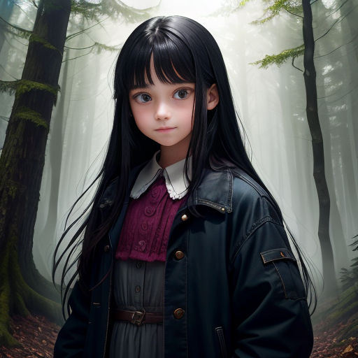 a young girl standing in a forest with a forest background and foggy trees behind her, with a dark haired girl with long black hair and a