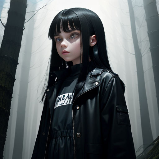a woman with long black hair and bangs standing in a forest with trees and foggy sky in the background