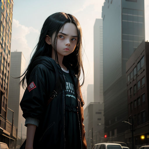 a girl standing in the middle of a city street with tall buildings in the background and a car parked on the side of the road