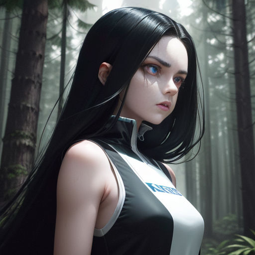 a woman with long black hair standing in a forest with trees in the background and fog in the air