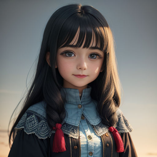 a little girl with long hair and a blue shirt and red tassels on her shoulders and shoulders