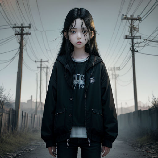 a girl standing on a road with power lines in the background and a sky background with a few clouds