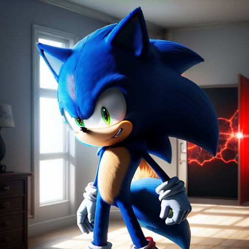 a cartoon character in a room with a window and a door in the background, a sonic the hedge character is running