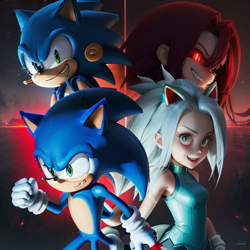 a group of sonic and tails characters in a cartoon style poster with a red background and a black background