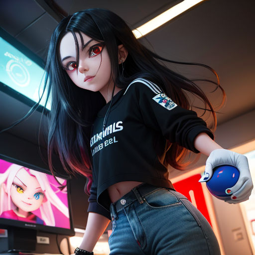 a woman in a black shirt and jeans holding a blue ball in her hand and a television in the background