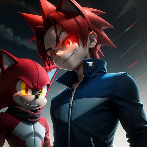a couple of cartoon characters standing next to each other in front of a dark background with red eyes and a red nose