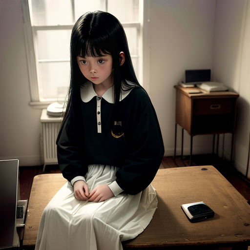 a young girl sitting on a table in a room with a window and a phone on the table next to her