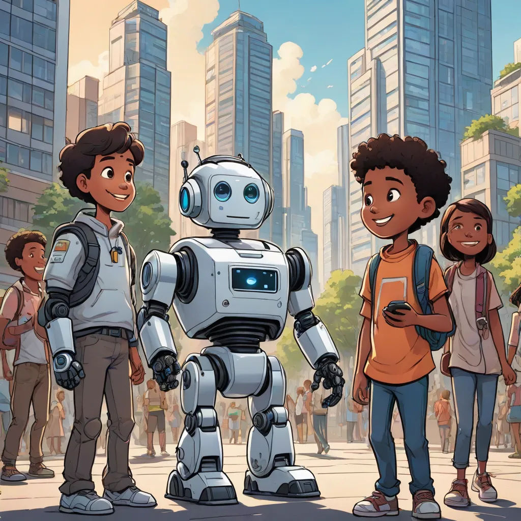 a group of people standing around a robot in a city street with a cityscape in the background, afrofuturism, concept art, Chris LaBrooy, promotional image