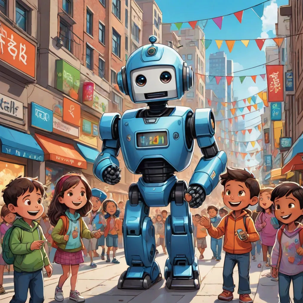 a group of children standing next to a robot on a city street with a man in the middle of the street, les automatistes, a storybook illustration, Cui Bai, robot