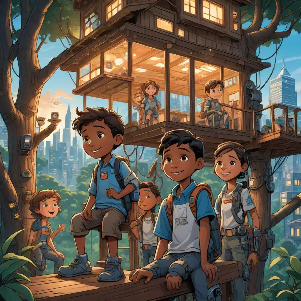 a group of children standing on a tree house in the forest with a man on the roof of the tree, sots art, concept art, Chris LaBrooy, official art