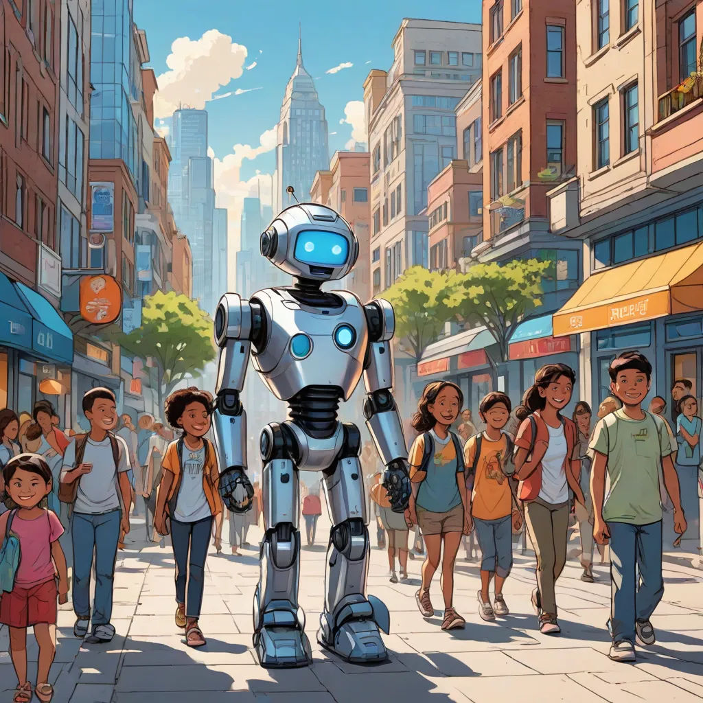 a robot walking down a busy city street with people walking by it and a man in a suit and tie, afrofuturism, concept art, Aaron Jasinski, robot