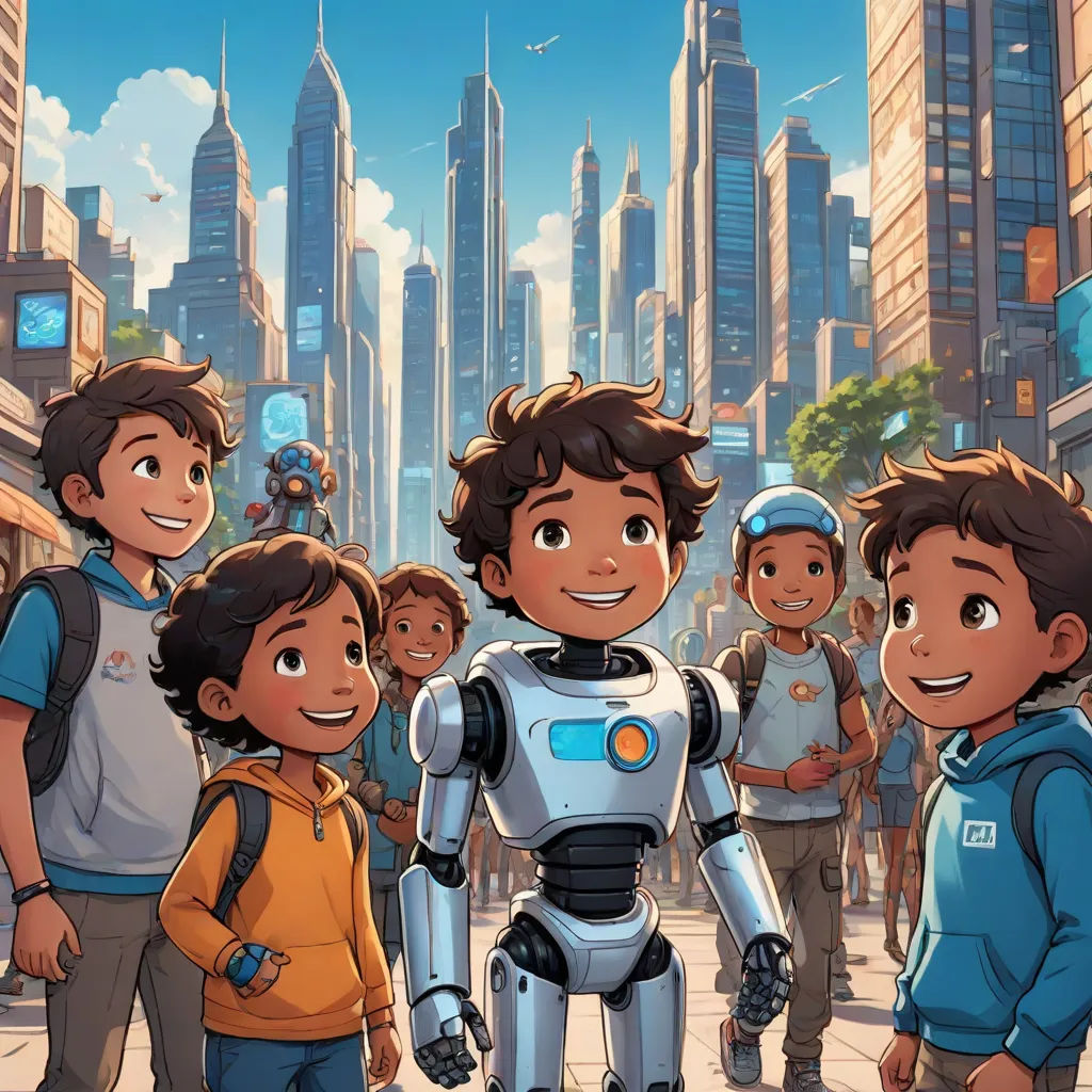 a group of children standing next to a robot in a city street with a man in the middle of the picture, afrofuturism, concept art, Eddie Mendoza, official art