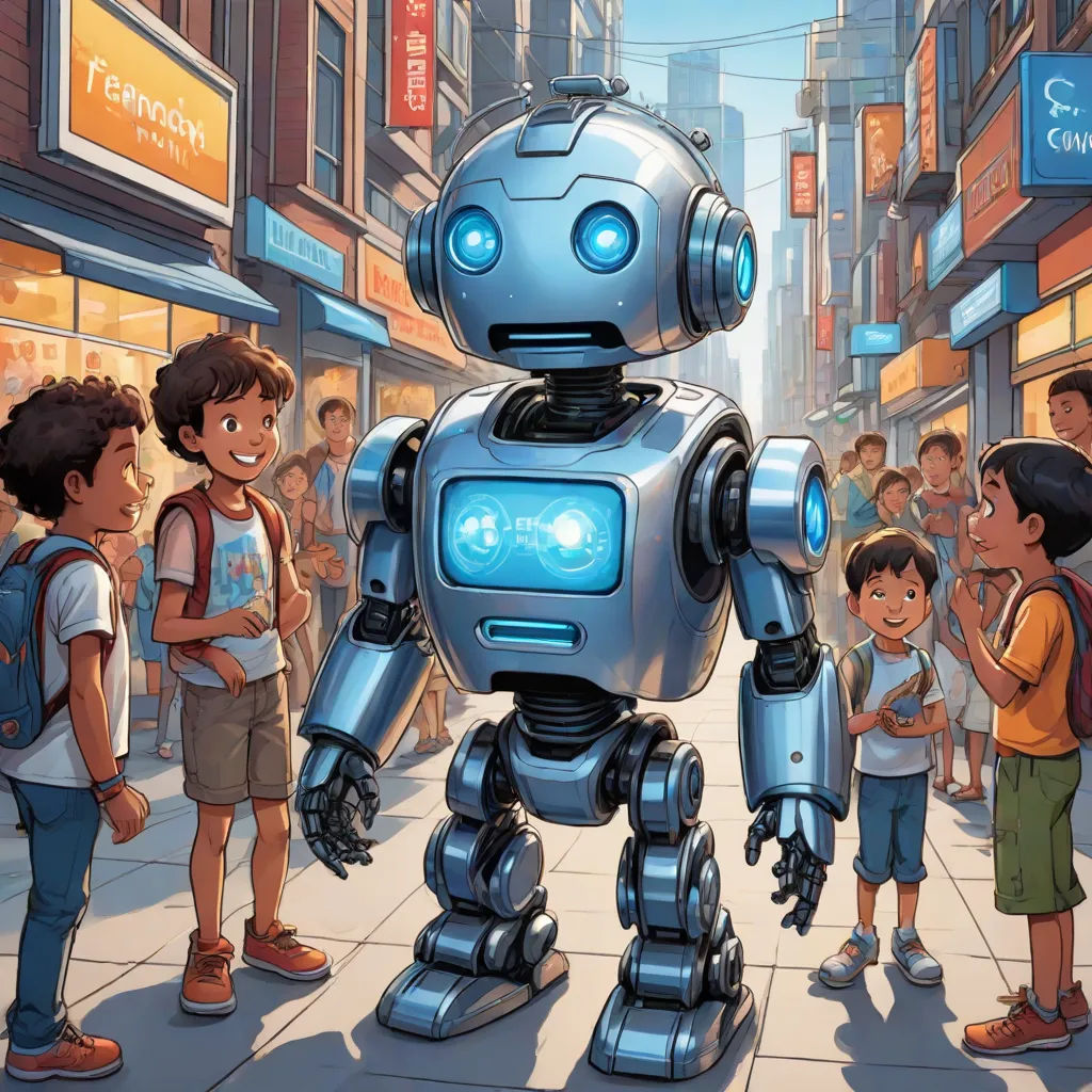 a group of children standing around a robot on a city street with a man in the middle of the street, les automatistes, a storybook illustration, Adam Rex, robot