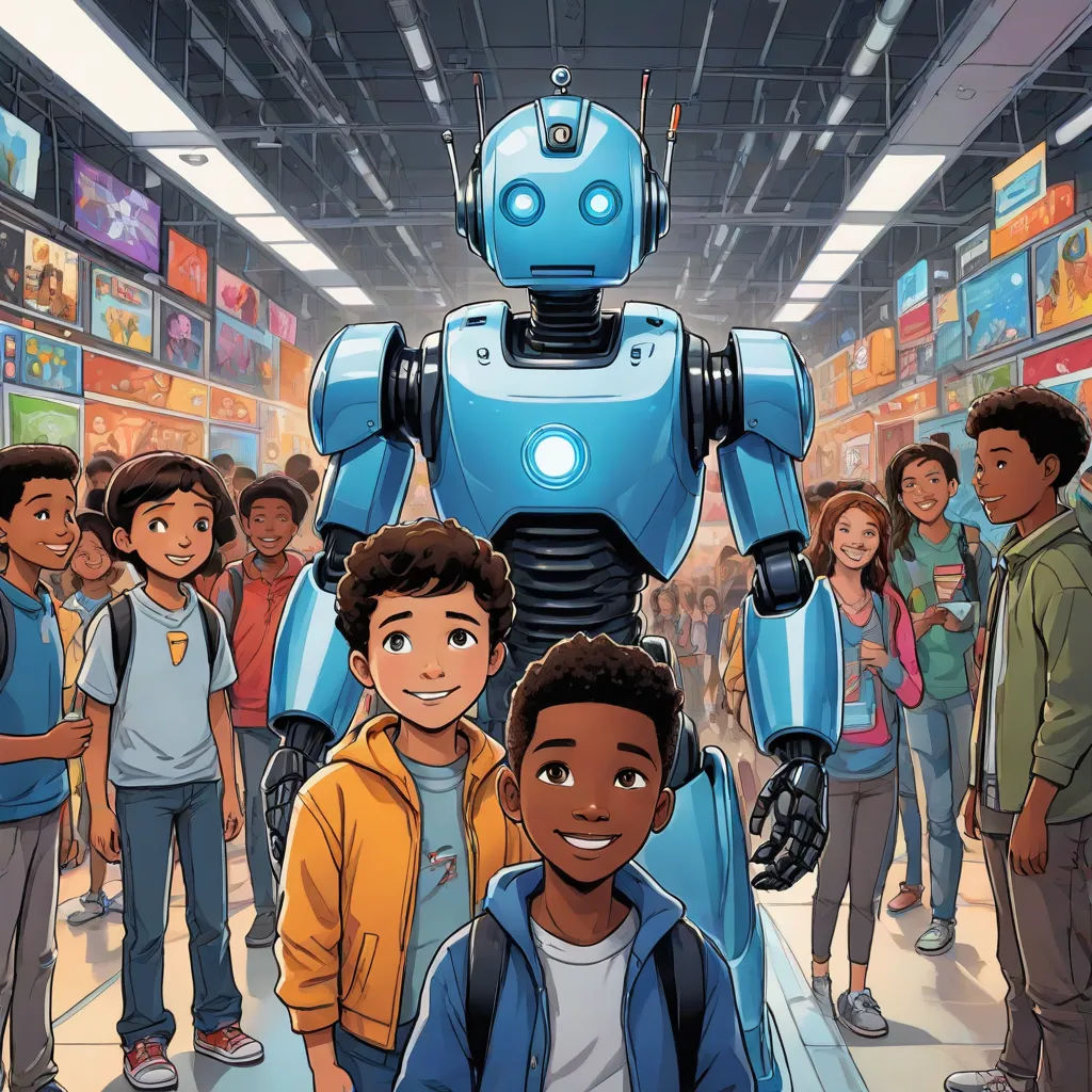 a group of children standing next to a robot in a store with a man in the middle of the room, les automatistes, concept art, Adam Rex, robots
