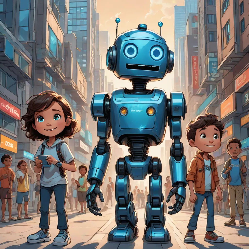 a group of people standing next to a robot on a city street with a man and woman standing next to it, les automatistes, a storybook illustration, Aaron Jasinski, rossdraws global illumination