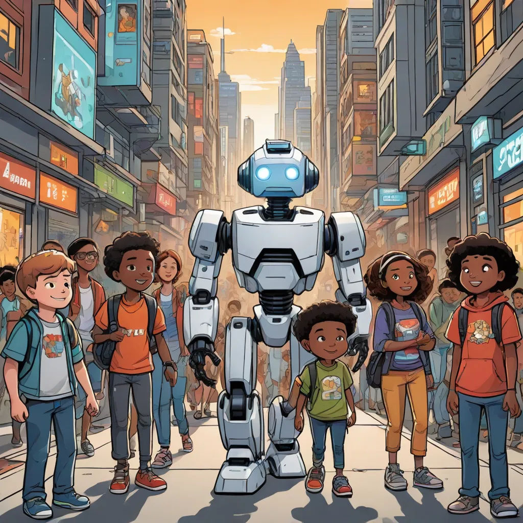 a group of children standing around a robot in a city street with a cityscape in the background, afrofuturism, concept art, Adam Rex, robots