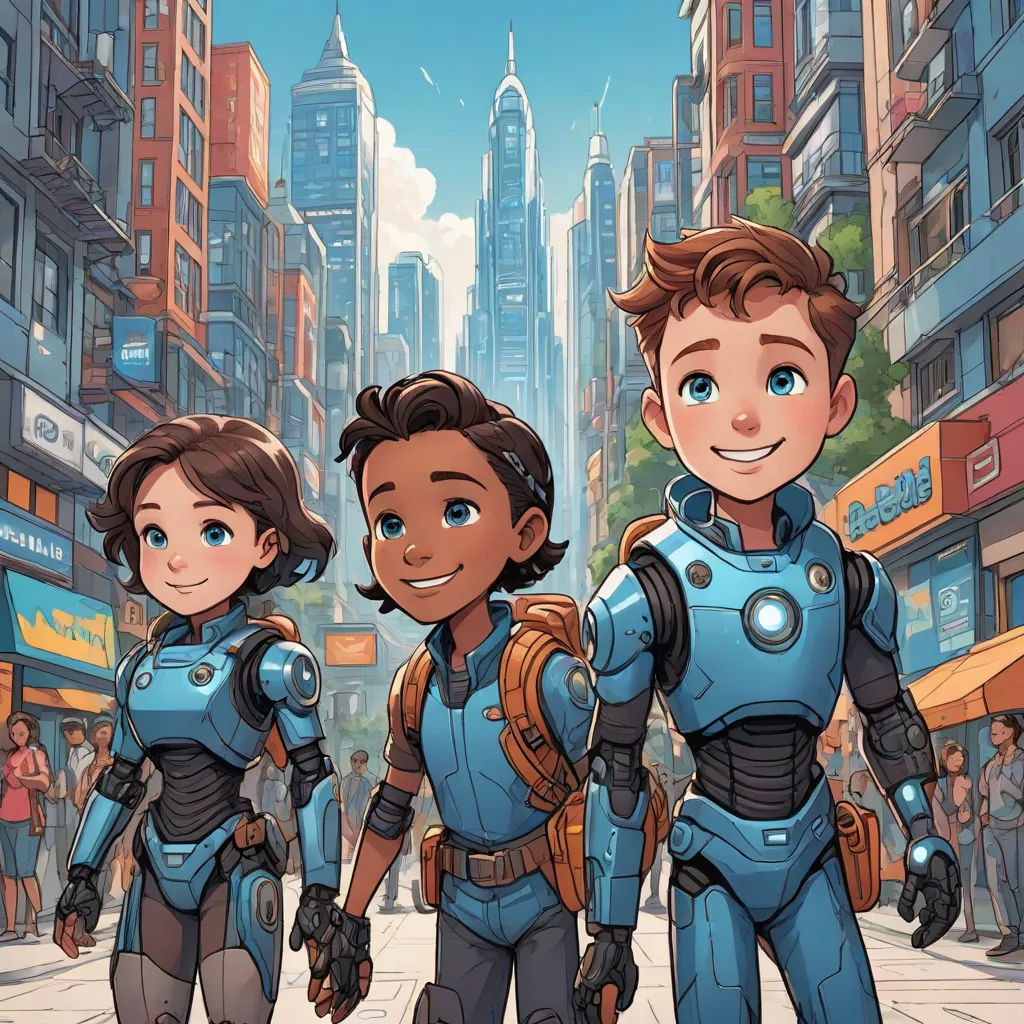 a group of people in futuristic suits standing in the middle of a city street with a skyscraper in the background, afrofuturism, concept art, Felix-Kelly, comic cover art