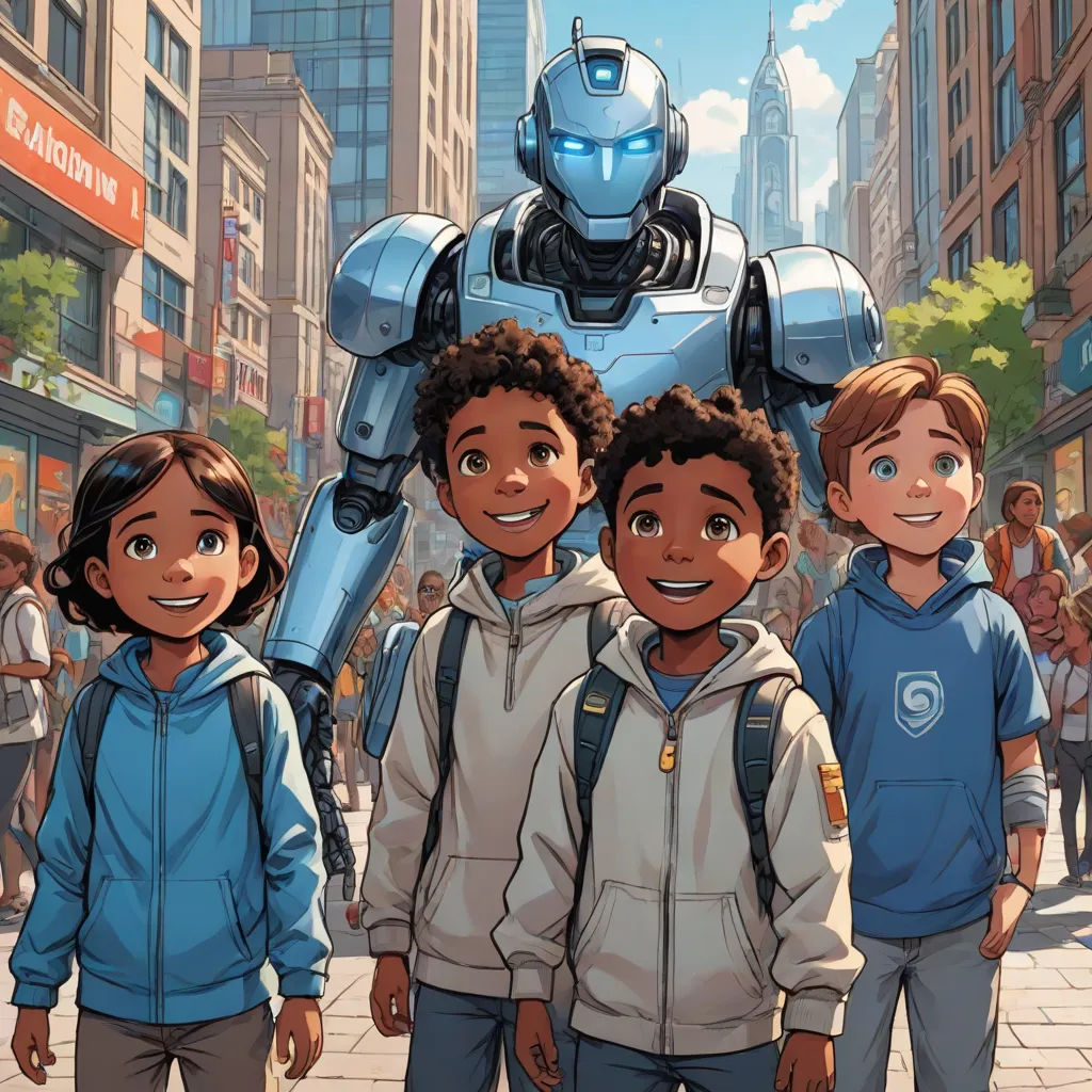 a group of children standing next to a giant robot in a city street with a crowd of people behind them, afrofuturism, a comic book panel, Altichiero, comic cover art