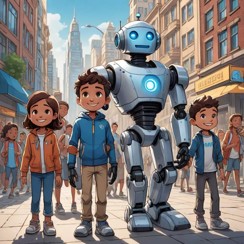 a group of people standing next to a robot on a city street with buildings in the background and a man in a blue jacket, les automatistes, a poster, Adam Rex, promotional image