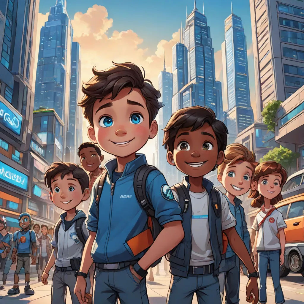 a cartoon of a boy standing in front of a group of people in a city with skyscrapers in the background, futurism, concept art, Beeple, official art