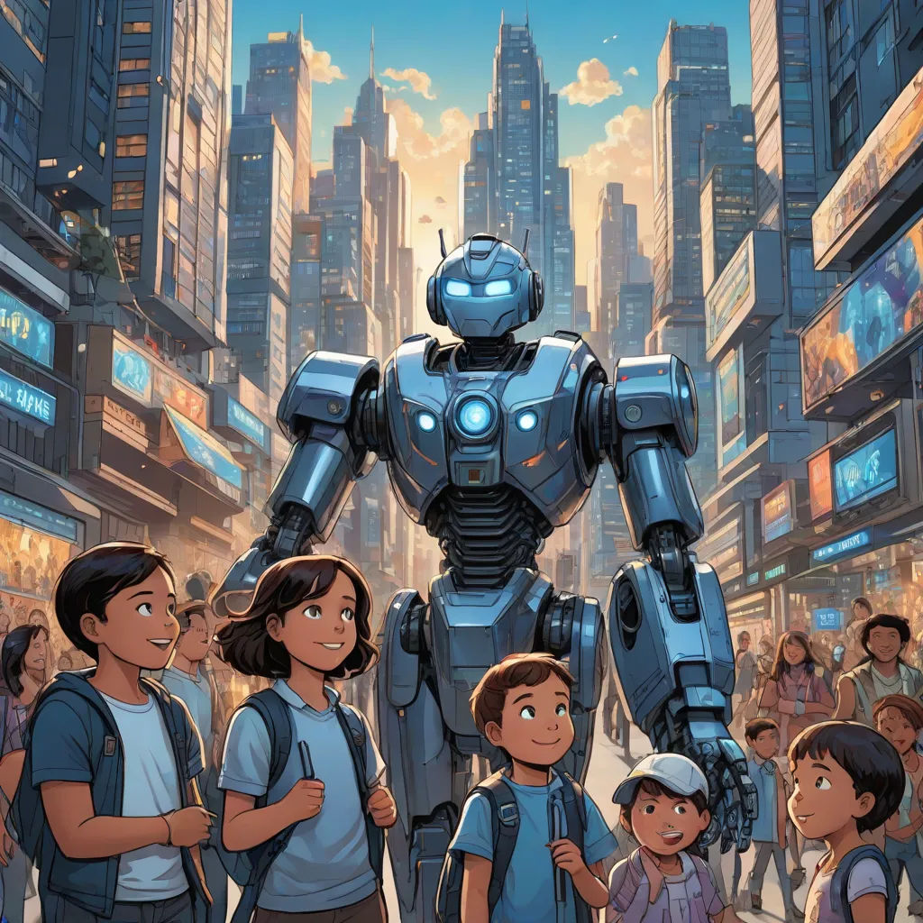a group of people standing in front of a robot in a city with tall buildings and skyscrapers in the background, afrofuturism, a poster, Adam Rex, comic cover art