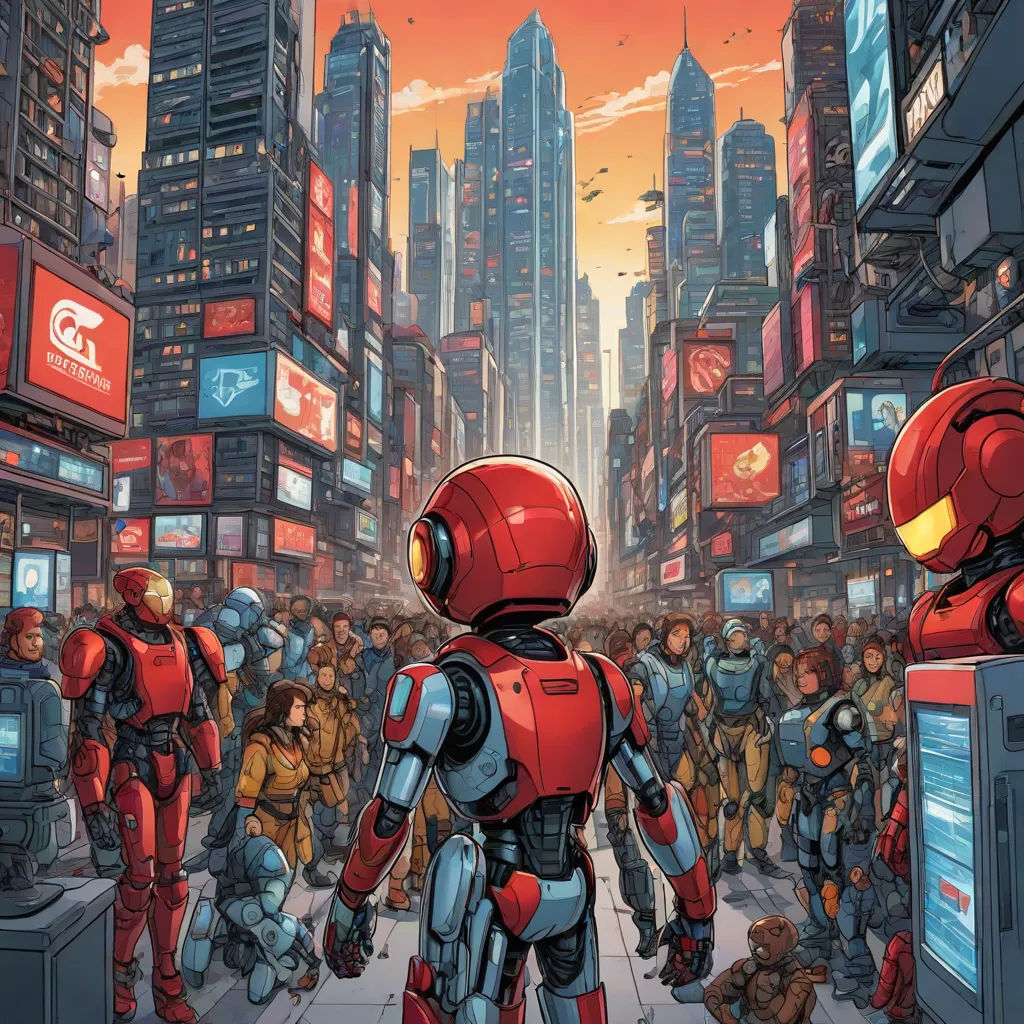 a robot standing in a crowded city street with people watching him from a distance with a red helmet on, afrofuturism, a comic book panel, Cedric Seaut (Keos Masons), comic cover art