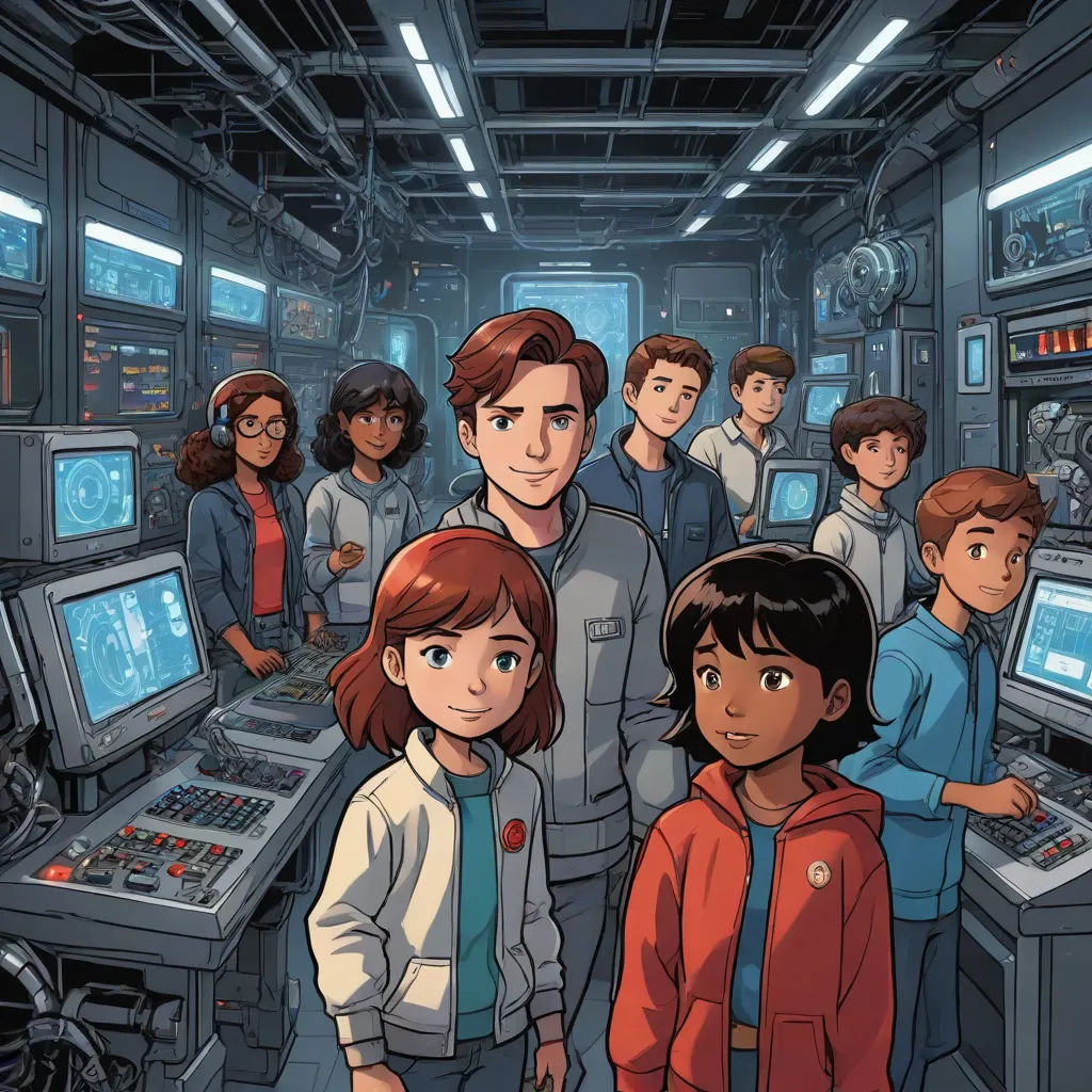 a group of people standing in a room with computers and monitors on the walls and a man in a red sweatshirt, process art, a comic book panel, Anson Maddocks, comic cover art