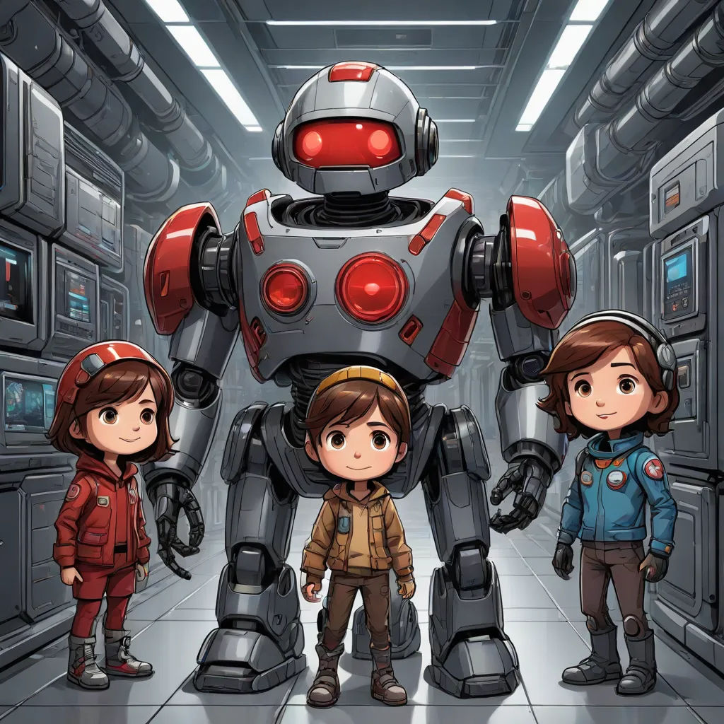 a group of people standing in front of a robot in a hallway with a red light on it's head, les automatistes, concept art, Aaron Jasinski, key art