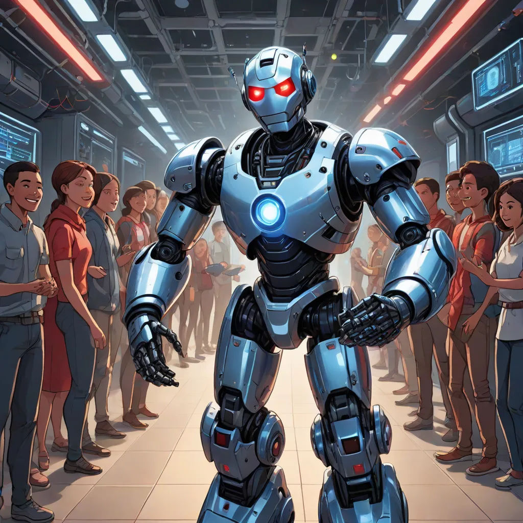 a robot standing in front of a group of people in a room with a robot on the floor and a red light on, les automatistes, a comic book panel, Cedric Seaut (Keos Masons), half robot