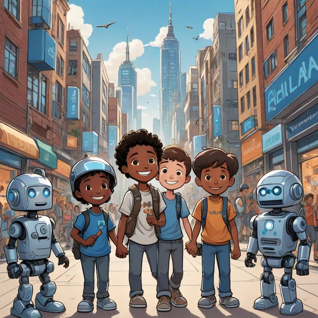 a group of children standing in front of a robot on a city street with buildings in the background and a man in the foreground, les automatistes, a storybook illustration, Altichiero, comic cover art