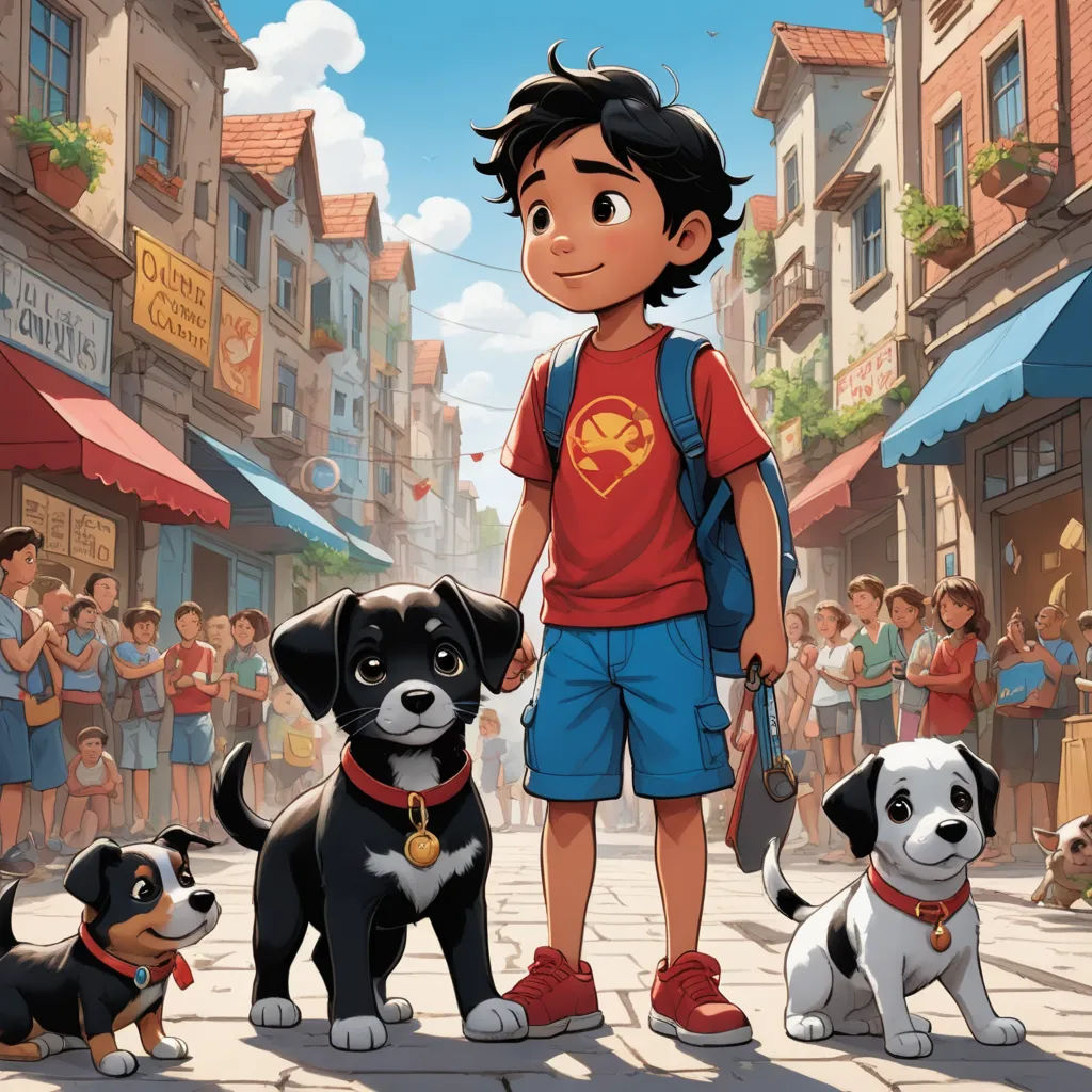 a boy standing next to two dogs in front of a crowd of people on a street with buildings and people in the background, photorealism, a comic book panel, Diego Gisbert Llorens, comic cover art