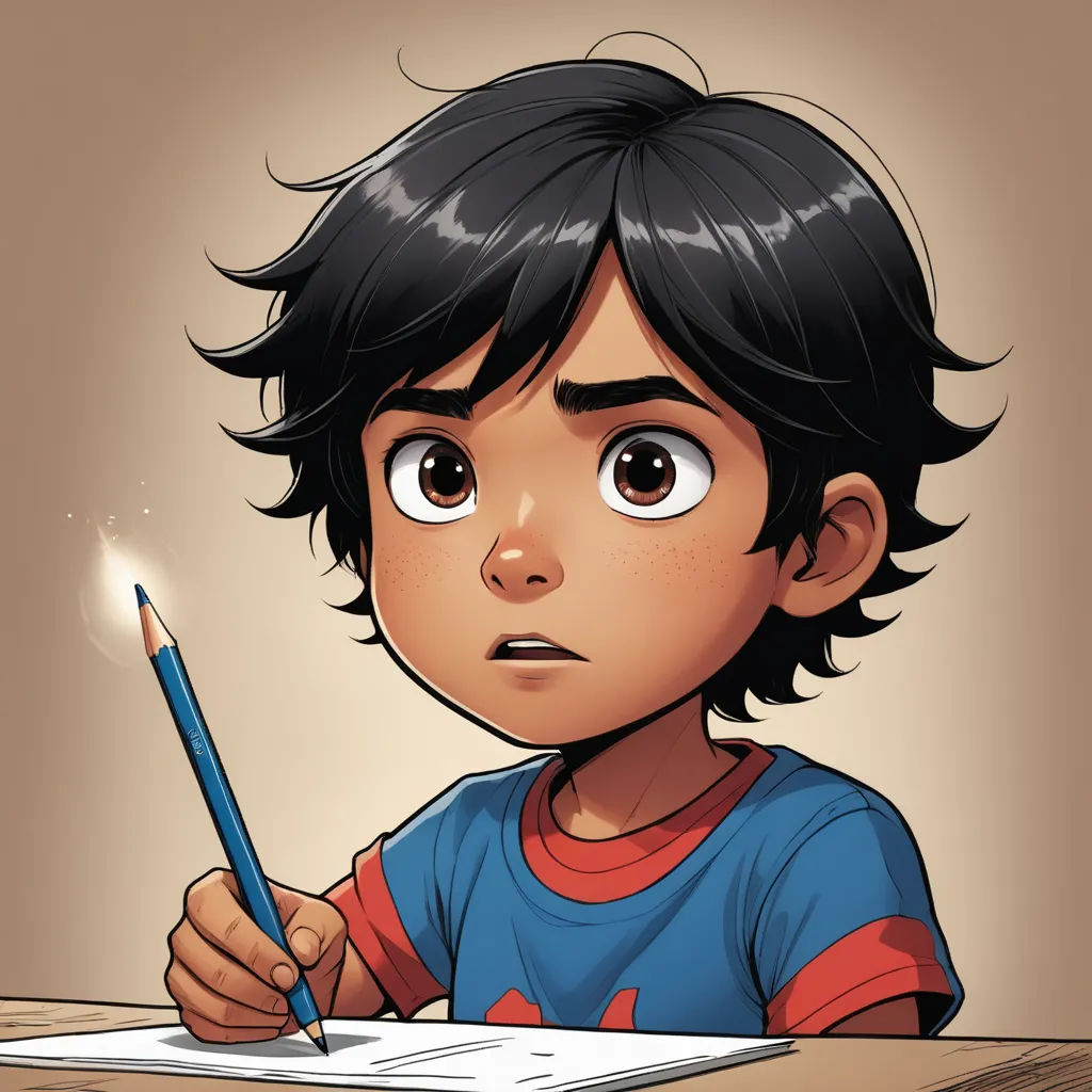 a young boy is sitting at a desk with a pencil in his hand and a paper in front of him, process art, a character portrait, Artgerm, comic cover art