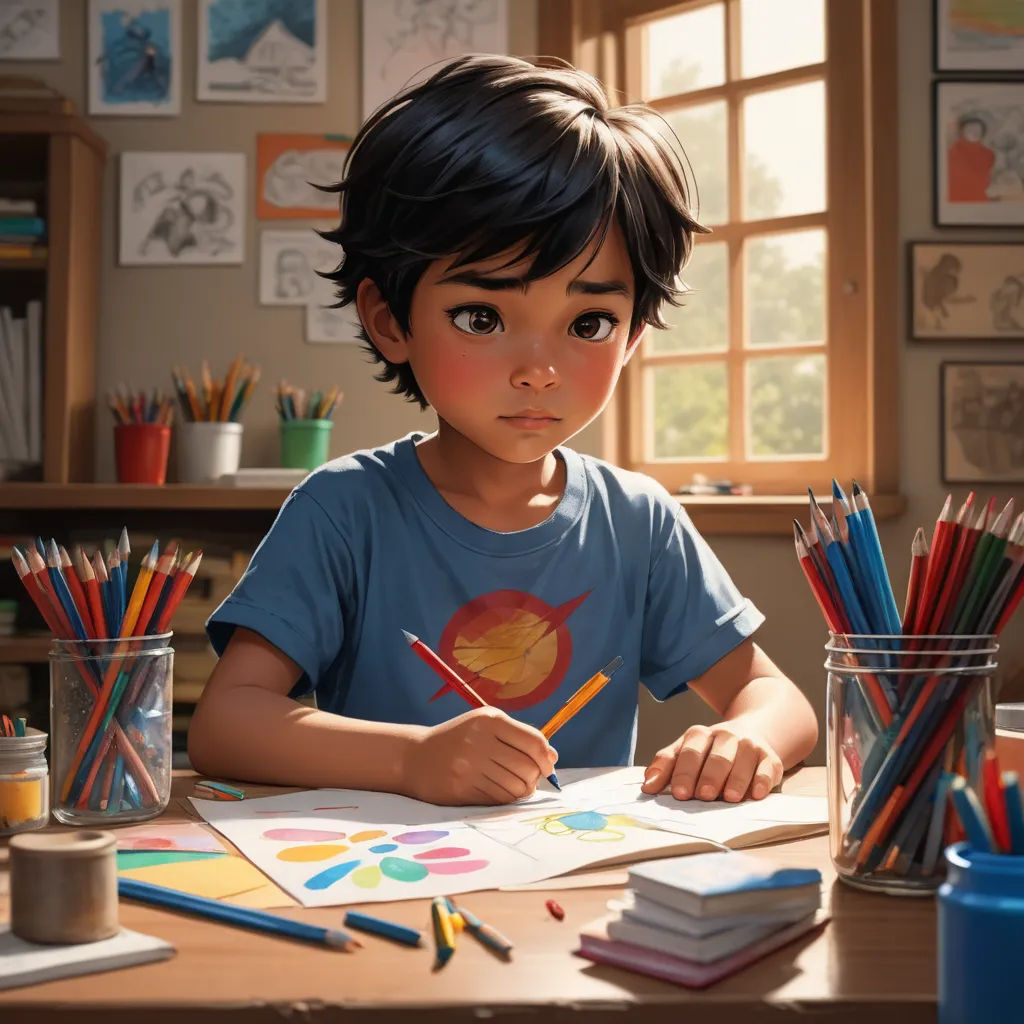 a young boy is sitting at a desk with a pencil and a book and a cup of colored pencils, photorealism, a photorealistic painting, Artgerm, cgstudio