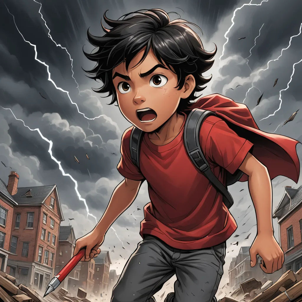 a boy with a backpack and a lightning bolt in the background is running through a city with buildings and a lightning bolt, shock art, a comic book panel, Cliff Childs, comic cover art