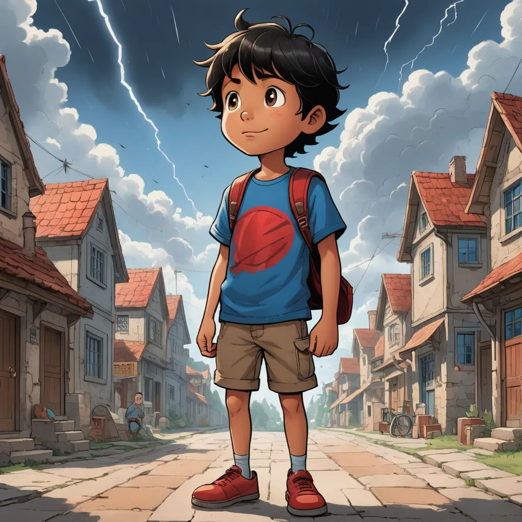 a boy standing in the middle of a street with a lightning in the background and a house with a red roof, photorealism, a comic book panel, Diego Gisbert Llorens, comic cover art