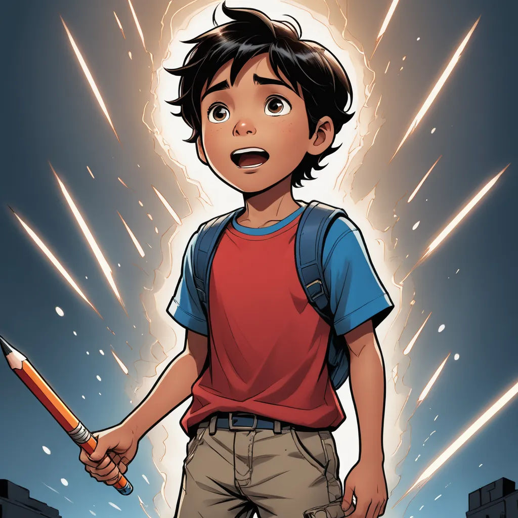 a boy holding a pencil and a pencil in his hand with a lot of fireworks in the background and a building with a lot of smoke, auto-destructive art, a comic book panel, Asaf Hanuka, comic cover art
