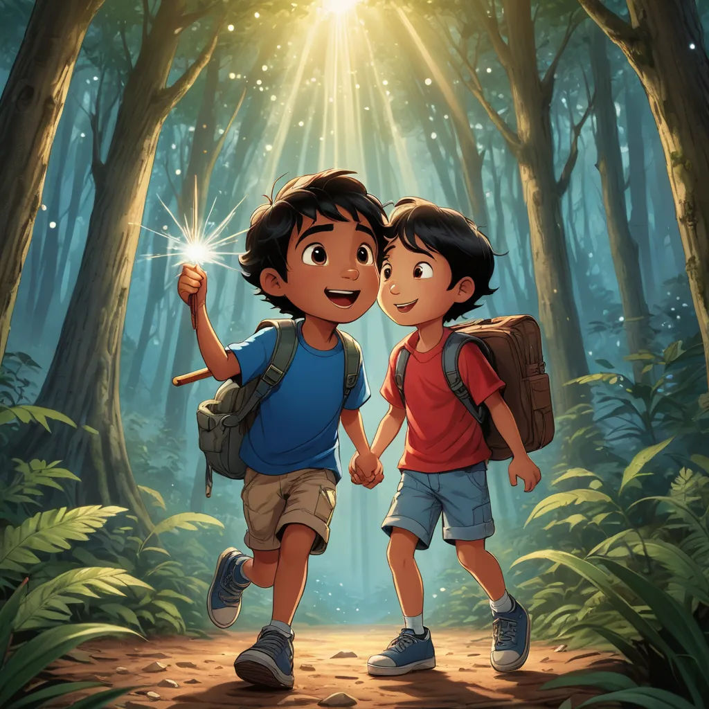 two children walking in the woods holding hands and smiling at each other with a bright light shining on them, serial art, a storybook illustration, Aaron Jasinski, rossdraws global illumination
