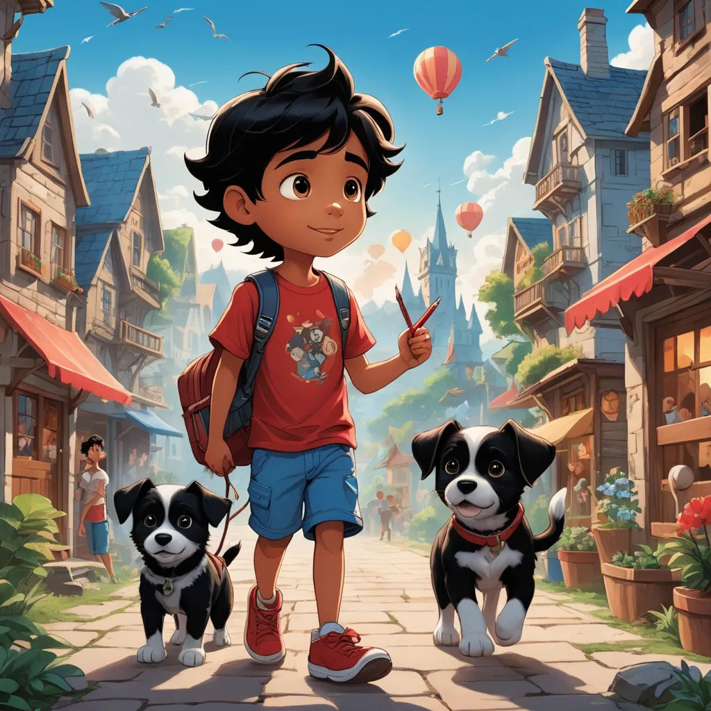 a boy is holding a paintbrush and two dogs are standing in front of him on a street with houses and balloons, magical realism, a storybook illustration, Aaron Jasinski, official art