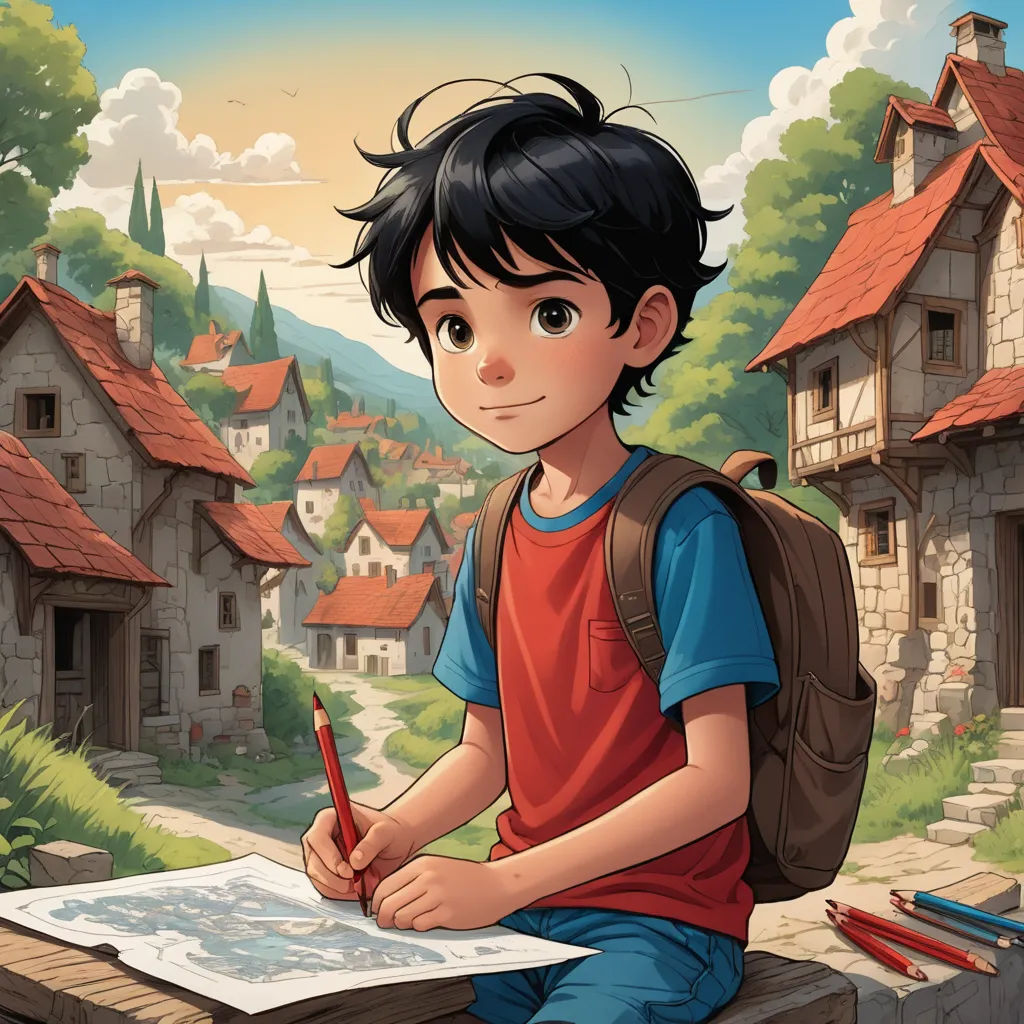 a boy sitting on a bench with a backpack and a pen in his hand and a drawing on a paper, fantasy art, a storybook illustration, Diego Gisbert Llorens, rossdraws global illumination