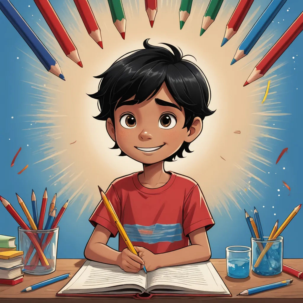 a boy is sitting at a desk with many pencils and a book in front of him and a lot of pencils in the background, lyco art, a storybook illustration, Diego Gisbert Llorens, comic cover art