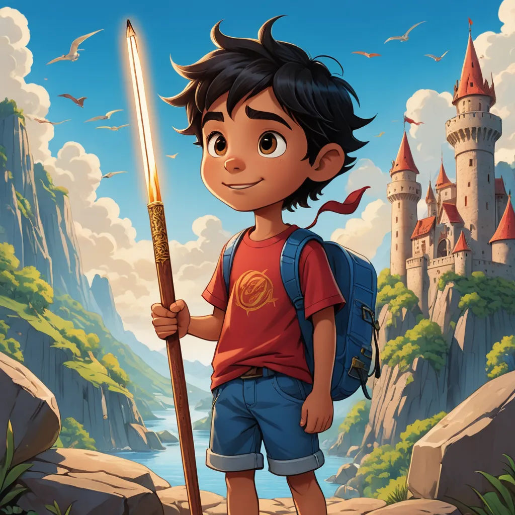 a boy with a backpack and a stick in his hand standing in front of a castle with a lake and mountains, fantasy art, a character portrait, Cliff Childs, key art