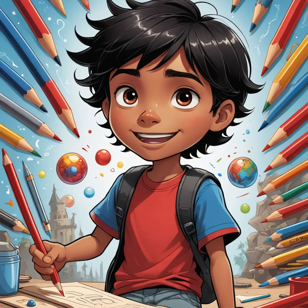 a boy is sitting at a table with many pencils and a book in front of him and a bunch of bubbles, process art, a character portrait, Aaron Jasinski, comic cover art