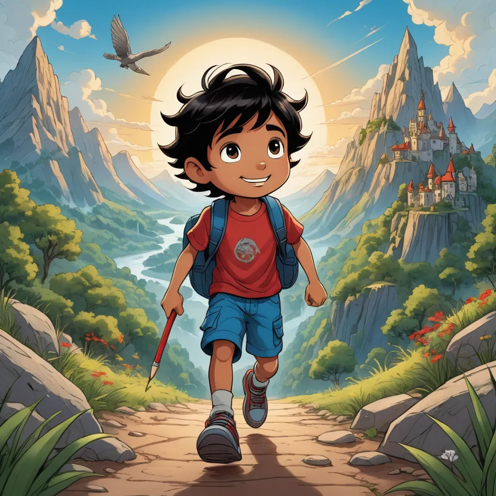 a boy with a backpack and a stick walks down a path in front of a mountain landscape with a castle, dau-al-set, poster art, Altoon Sultan, promotional image