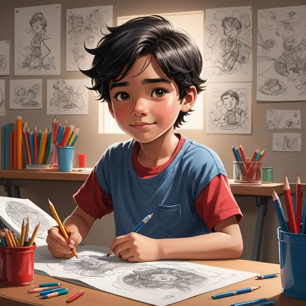 a boy is sitting at a desk with a pencil and a book in front of him and a cup of pencils in front of him, photorealism, a storybook illustration, Diego Gisbert Llorens, rossdraws global illumination