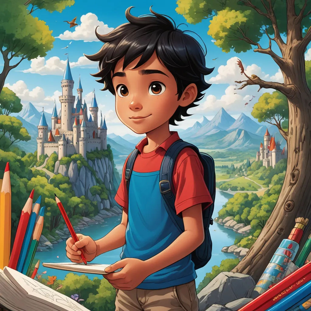 a boy is holding a pencil and a book in front of a castle with a river and mountains in the background, fantasy art, a storybook illustration, Cliff Childs, rossdraws global illumination