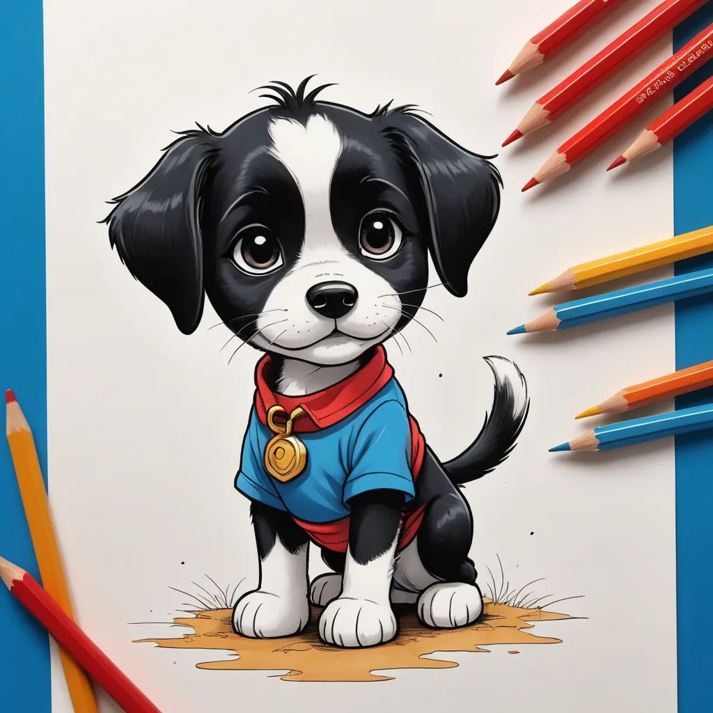a drawing of a puppy wearing a shirt and a medal on it's collar, sitting next to colored pencils, lyco art, a detailed drawing, Diego Gisbert Llorens, behance hd