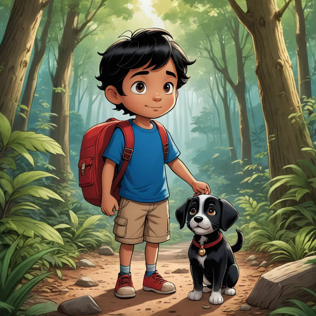 a boy and his dog are standing in the woods with a backpack on their shoulders and a backpack on their shoulder, samikshavad, a storybook illustration, David Brewster, promotional image